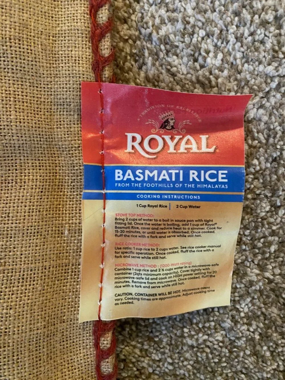 Royal Basmati Rice Bag 20lbs Burlap Handles Zipper Heavy Duty 25th Anniv NO RICE